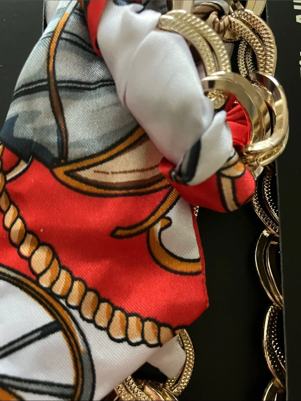 Gold Chain Phone Crossbody with Decorative Scarf - White/Red